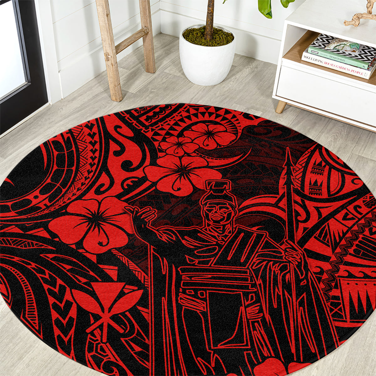 hawaii-king-kamehameha-round-carpet-polynesian-pattern-red-version