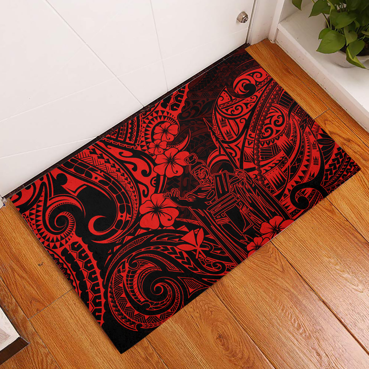 Hawaii King Kamehameha Rubber Doormat Polynesian Pattern Red Version - Wonder Print Shop