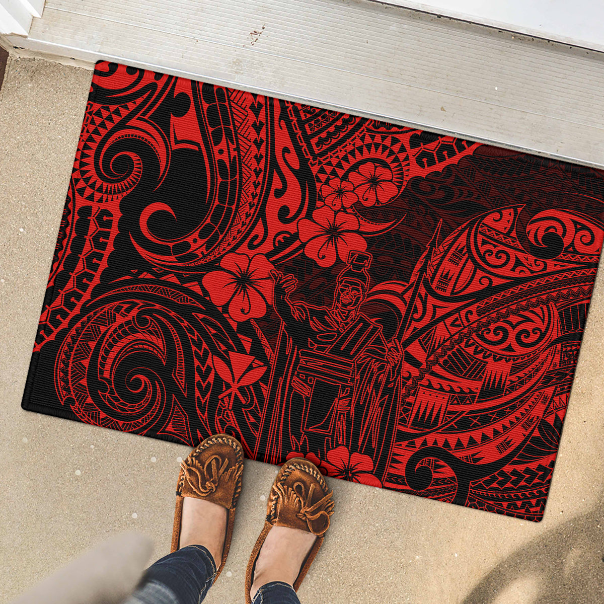 Hawaii King Kamehameha Rubber Doormat Polynesian Pattern Red Version - Wonder Print Shop