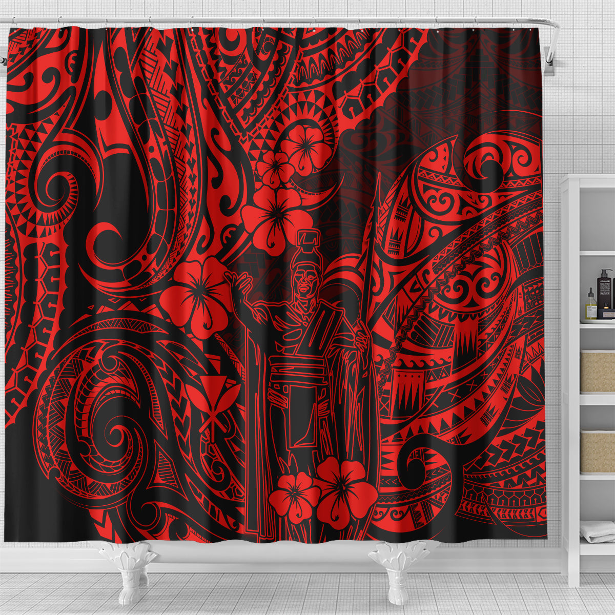 hawaii-king-kamehameha-shower-curtain-polynesian-pattern-red-version