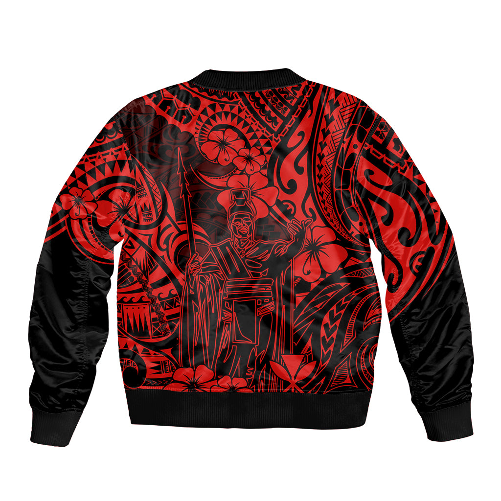 Hawaii King Kamehameha Sleeve Zip Bomber Jacket Polynesian Pattern Red Version - Wonder Print Shop