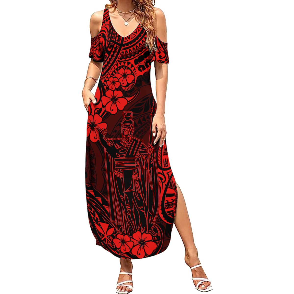 Hawaii King Kamehameha Summer Maxi Dress Polynesian Pattern Red Version - Wonder Print Shop