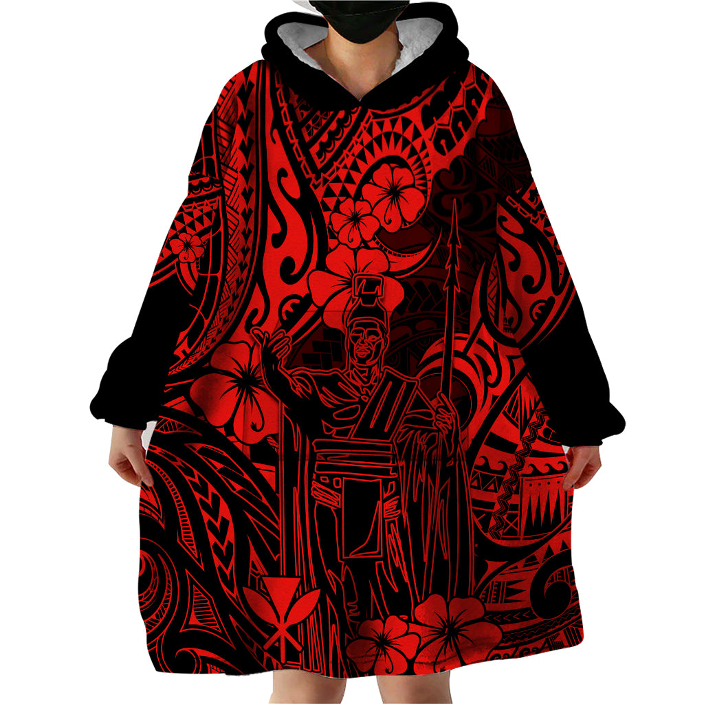 Hawaii King Kamehameha Wearable Blanket Hoodie Polynesian Pattern Red Version - Wonder Print Shop