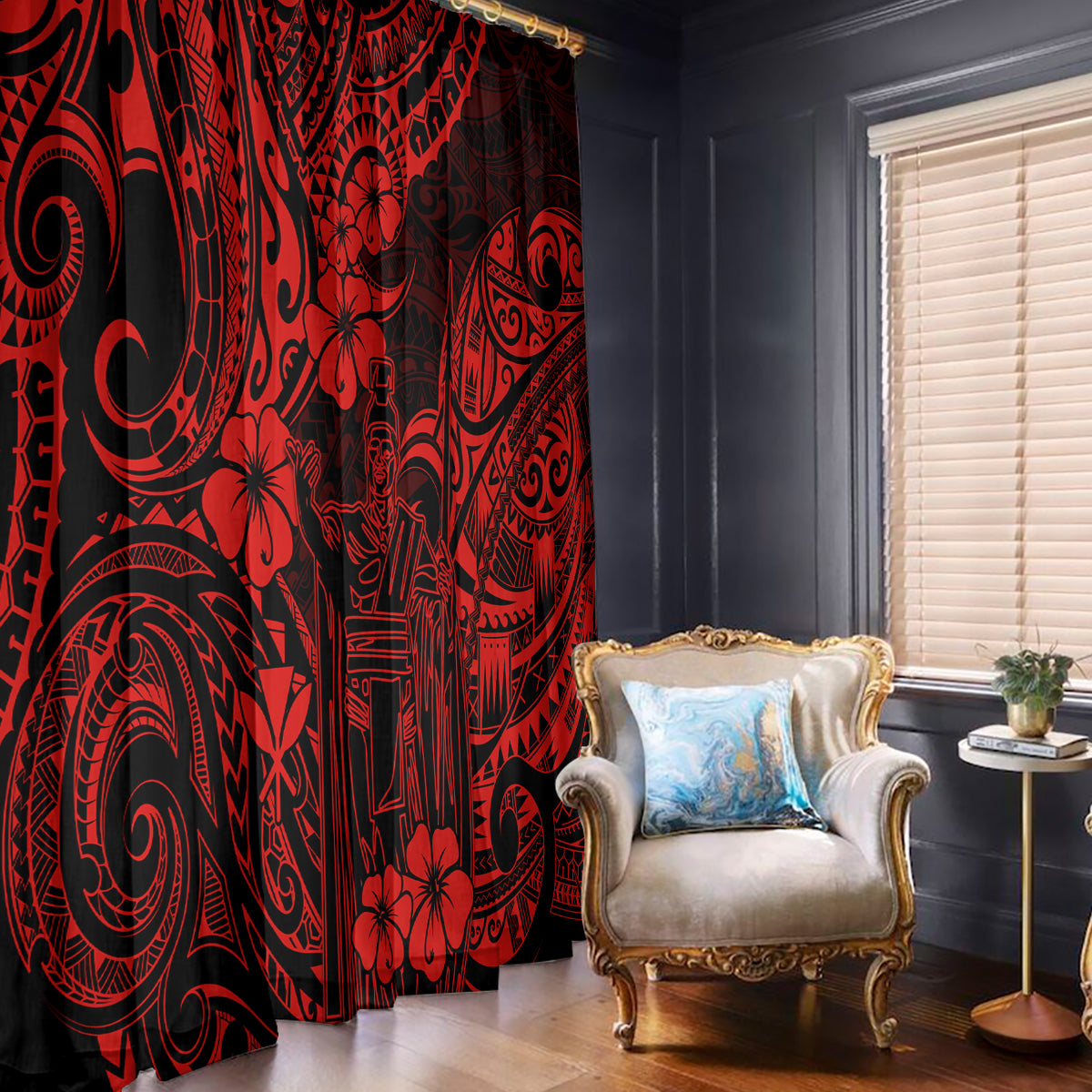 Hawaii King Kamehameha Window Curtain Polynesian Pattern Red Version - Wonder Print Shop