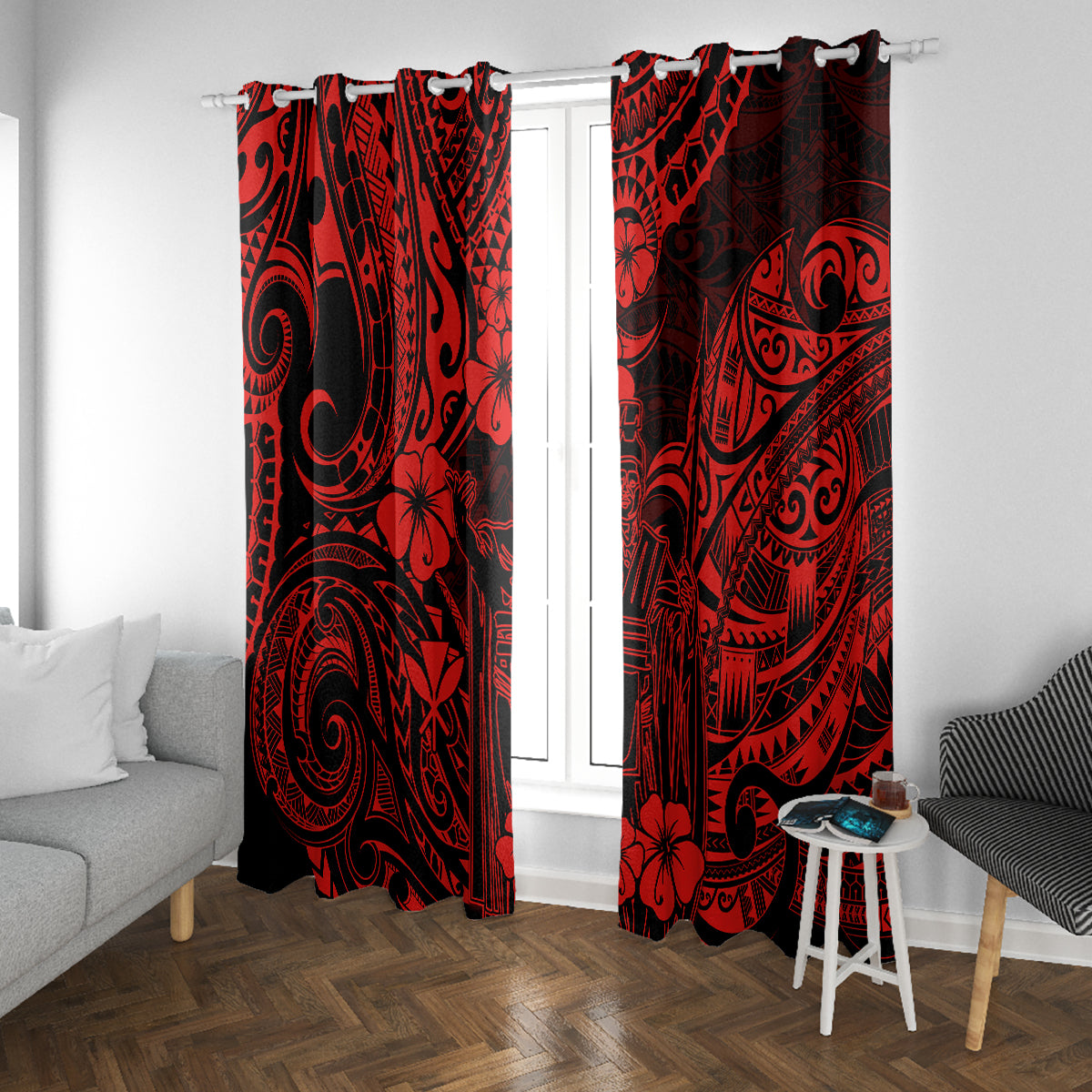 Hawaii King Kamehameha Window Curtain Polynesian Pattern Red Version - Wonder Print Shop