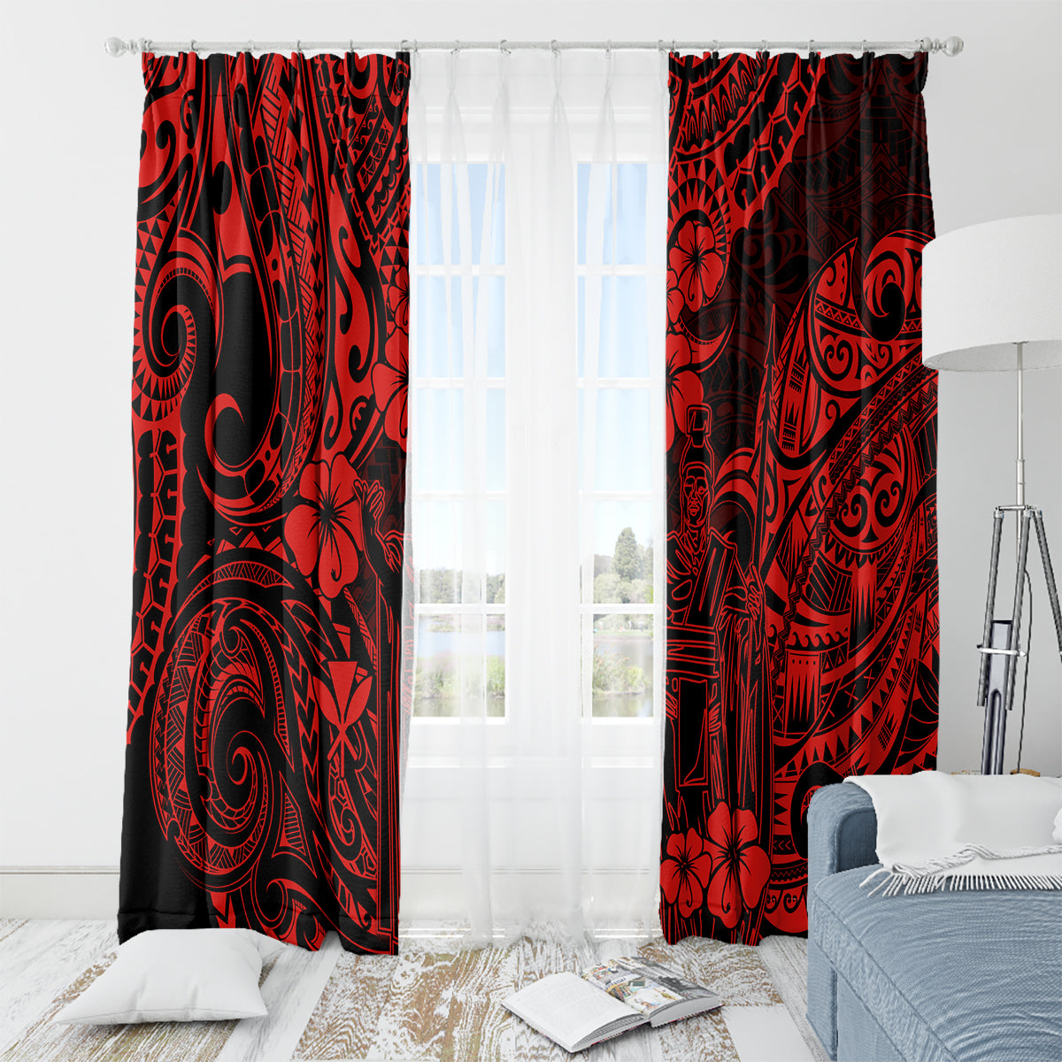 Hawaii King Kamehameha Window Curtain Polynesian Pattern Red Version - Wonder Print Shop