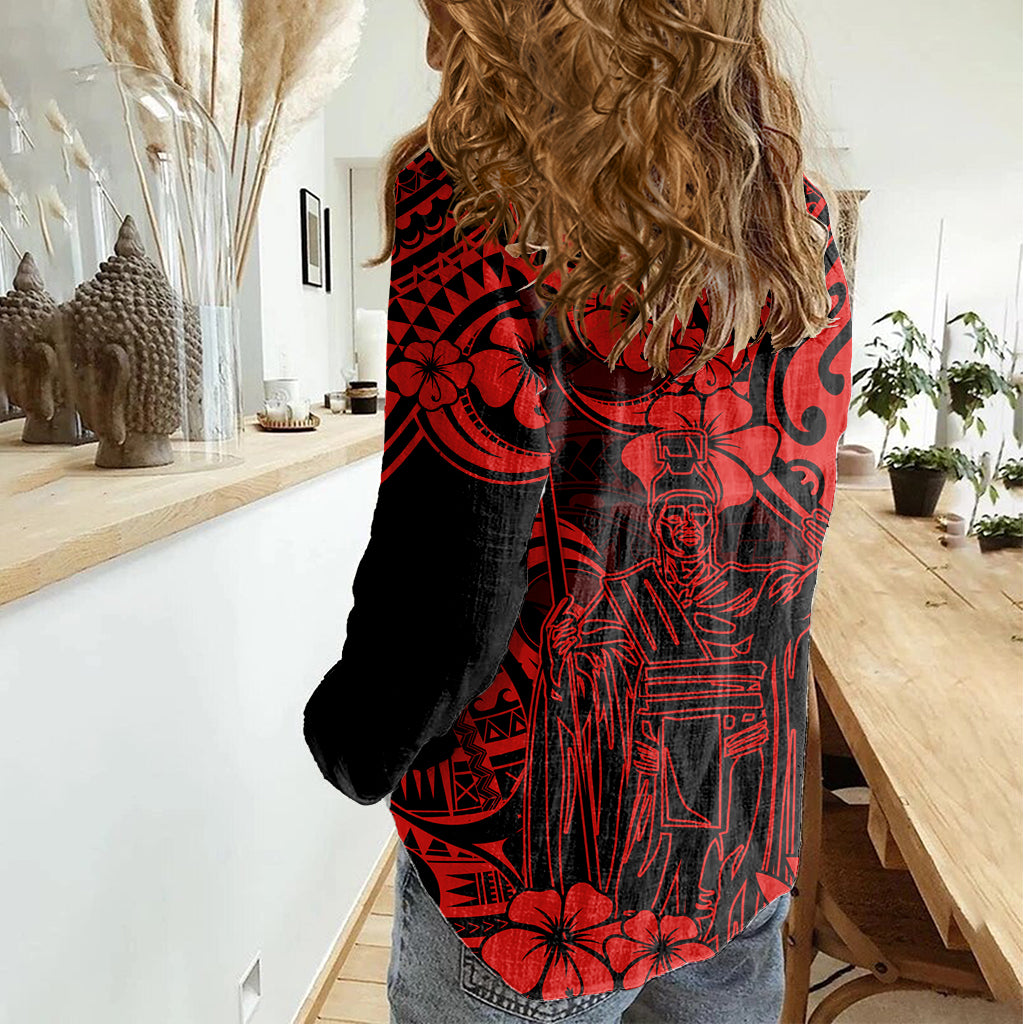 Hawaii King Kamehameha Women Casual Shirt Polynesian Pattern Red Version - Wonder Print Shop