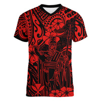 Hawaii King Kamehameha Women V Neck T Shirt Polynesian Pattern Red Version - Wonder Print Shop