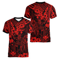 Hawaii King Kamehameha Women V Neck T Shirt Polynesian Pattern Red Version - Wonder Print Shop