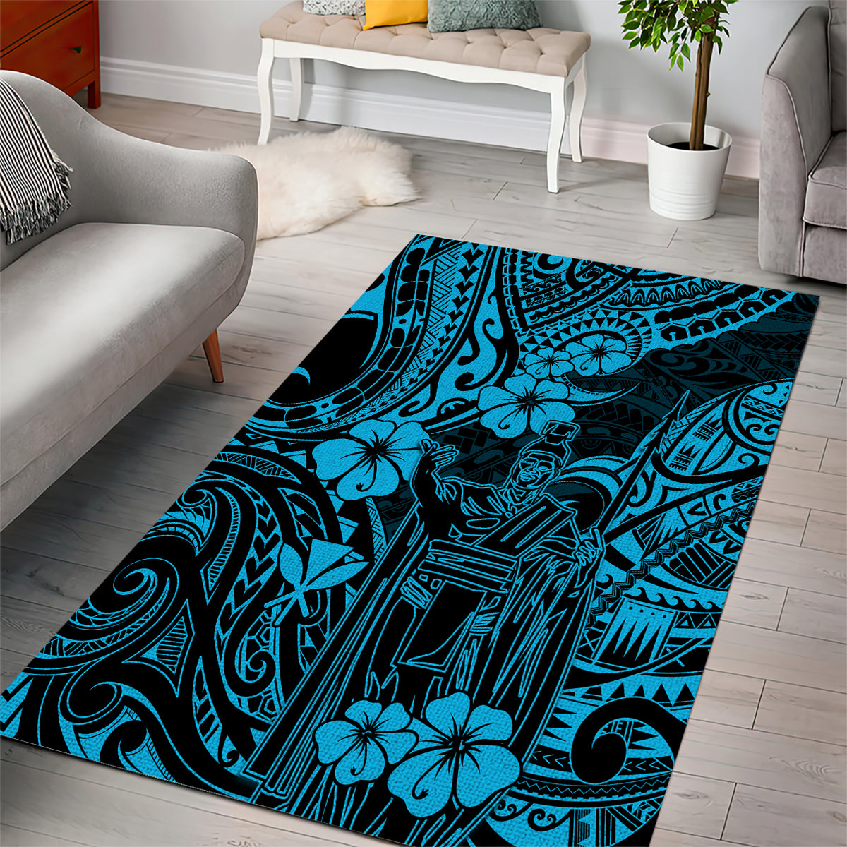 Hawaii King Kamehameha Area Rug Polynesian Pattern Sky Blue Version - Wonder Print Shop