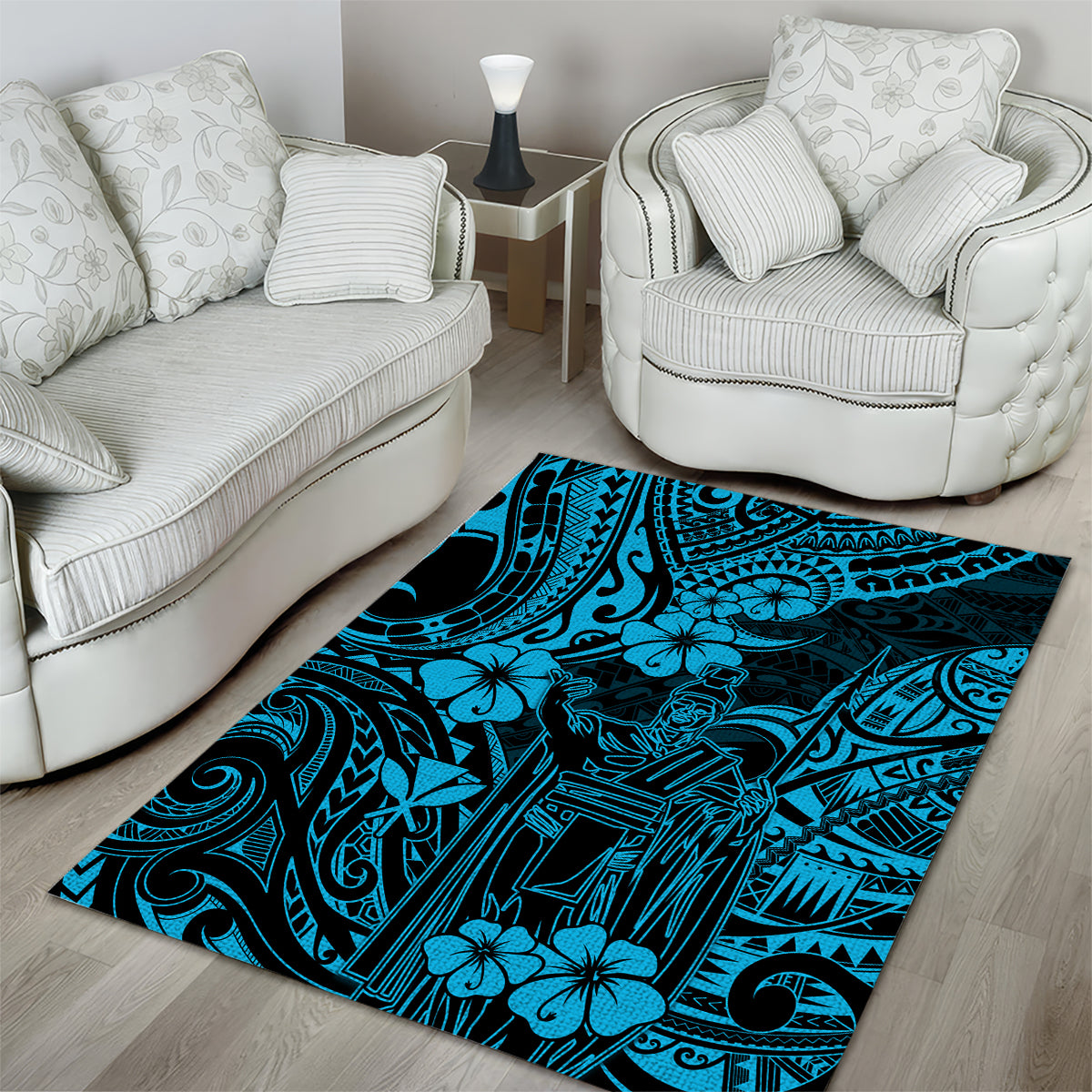 Hawaii King Kamehameha Area Rug Polynesian Pattern Sky Blue Version - Wonder Print Shop
