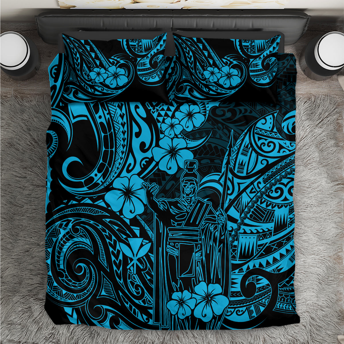 Hawaii King Kamehameha Bedding Set Polynesian Pattern Sky Blue Version - Wonder Print Shop