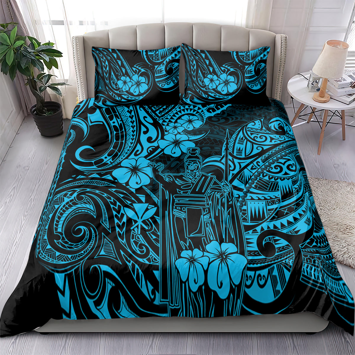 Hawaii King Kamehameha Bedding Set Polynesian Pattern Sky Blue Version - Wonder Print Shop