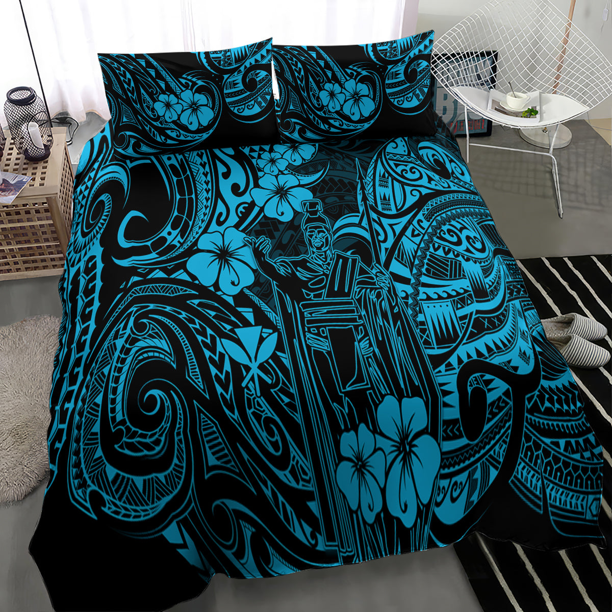 Hawaii King Kamehameha Bedding Set Polynesian Pattern Sky Blue Version - Wonder Print Shop