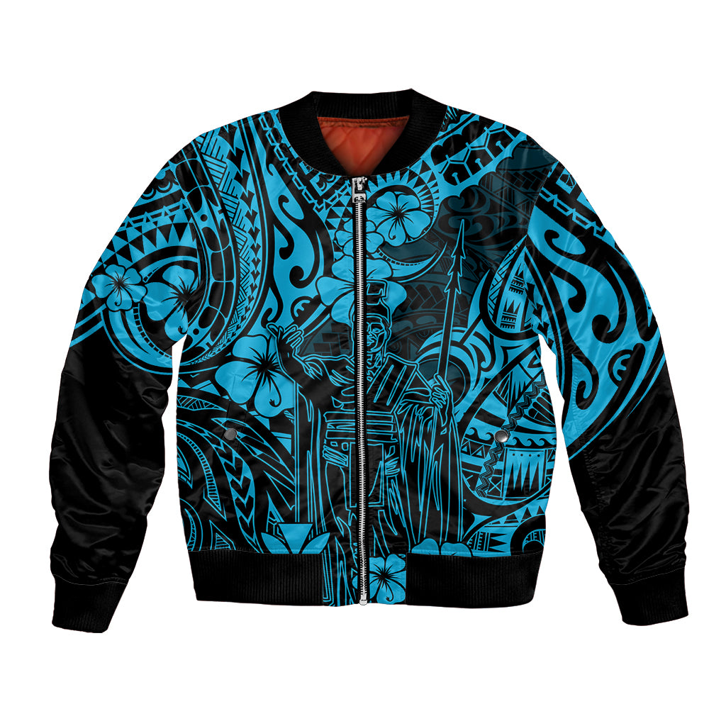 Hawaii King Kamehameha Bomber Jacket Polynesian Pattern Sky Blue Version - Wonder Print Shop