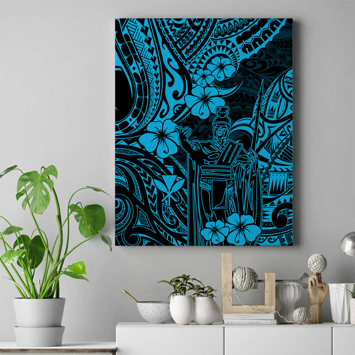 Hawaii King Kamehameha Canvas Wall Art Polynesian Pattern Sky Blue Version - Wonder Print Shop