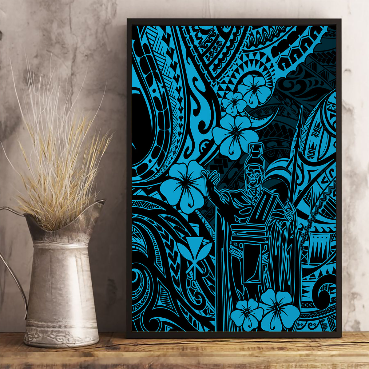 Hawaii King Kamehameha Canvas Wall Art Polynesian Pattern Sky Blue Version - Wonder Print Shop