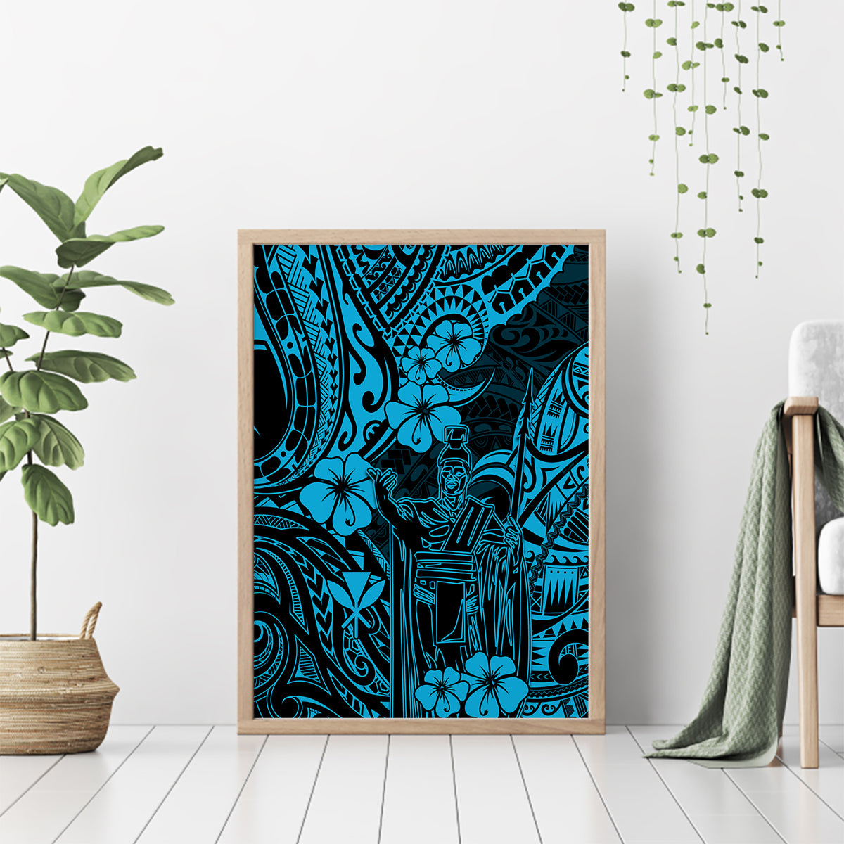 Hawaii King Kamehameha Canvas Wall Art Polynesian Pattern Sky Blue Version - Wonder Print Shop