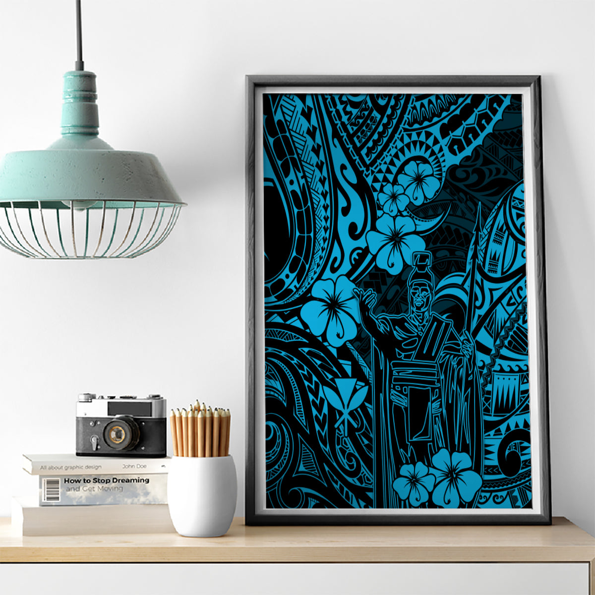 Hawaii King Kamehameha Canvas Wall Art Polynesian Pattern Sky Blue Version - Wonder Print Shop