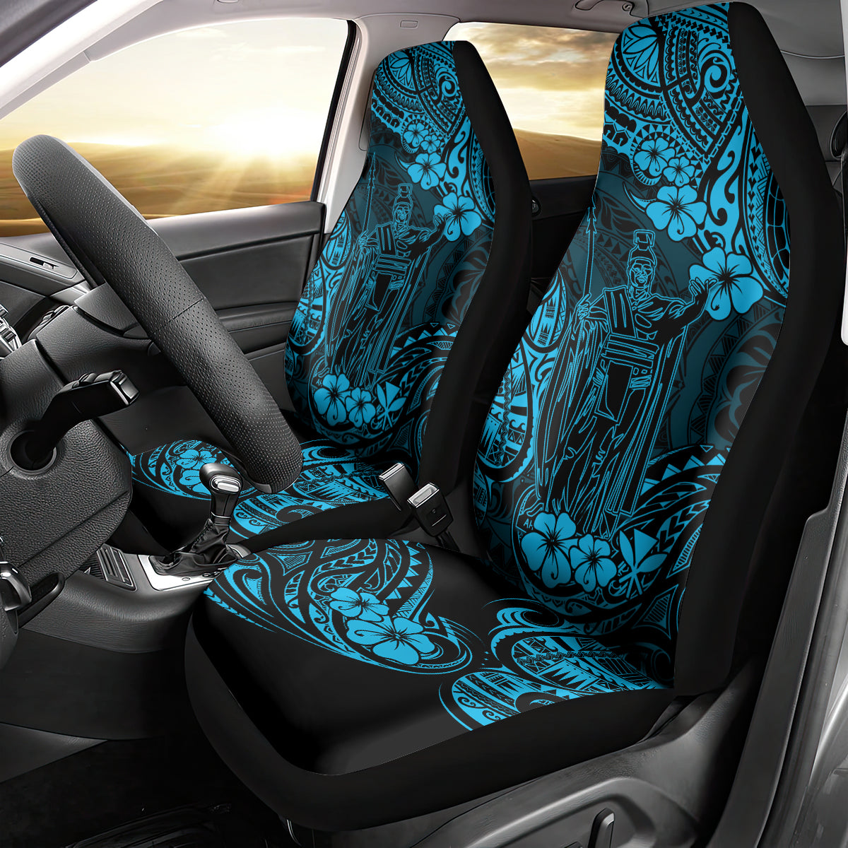 Hawaii King Kamehameha Car Seat Cover Polynesian Pattern Sky Blue Version - Wonder Print Shop