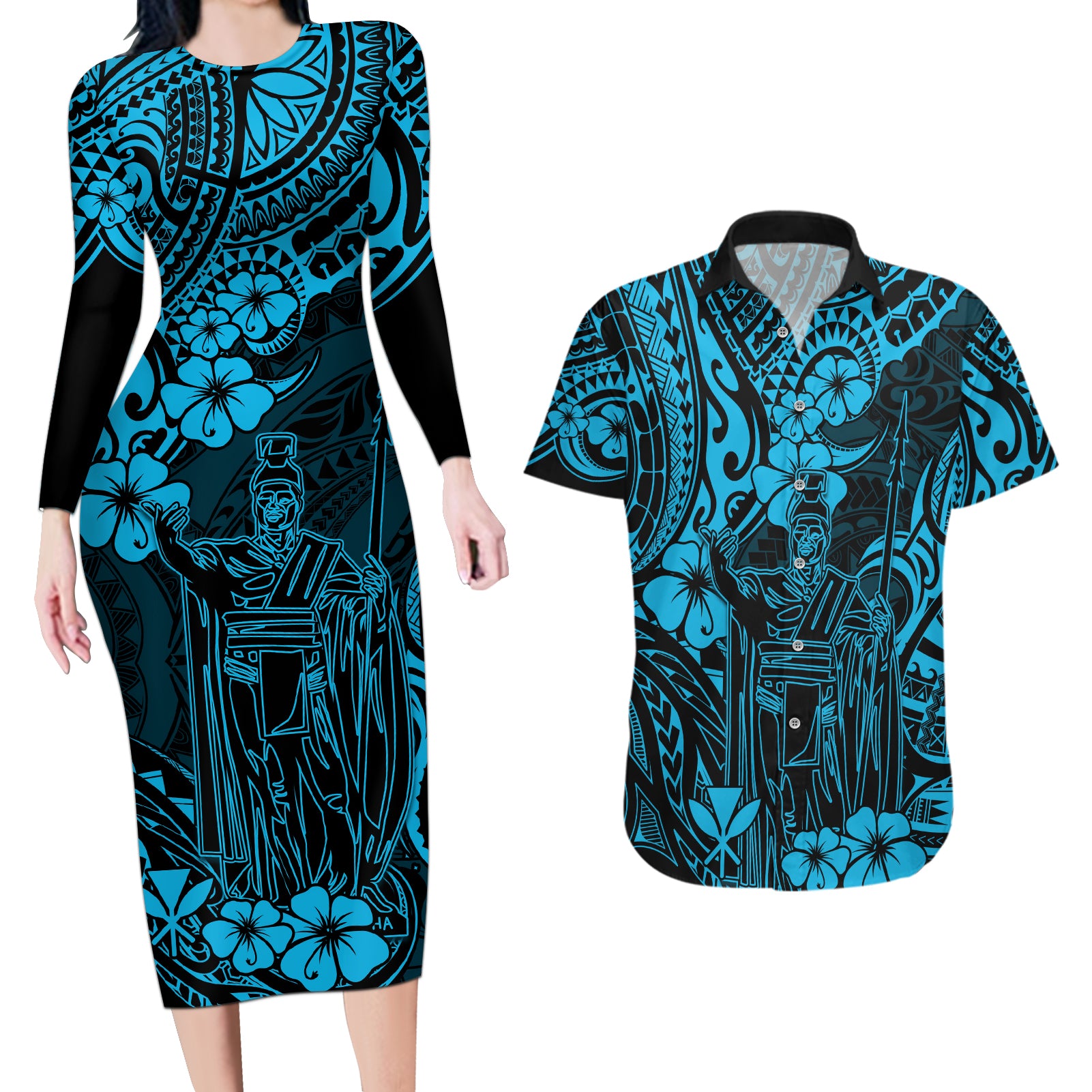Hawaii King Kamehameha Couples Matching Long Sleeve Bodycon Dress and Hawaiian Shirt Polynesian Pattern Sky Blue Version - Wonder Print Shop