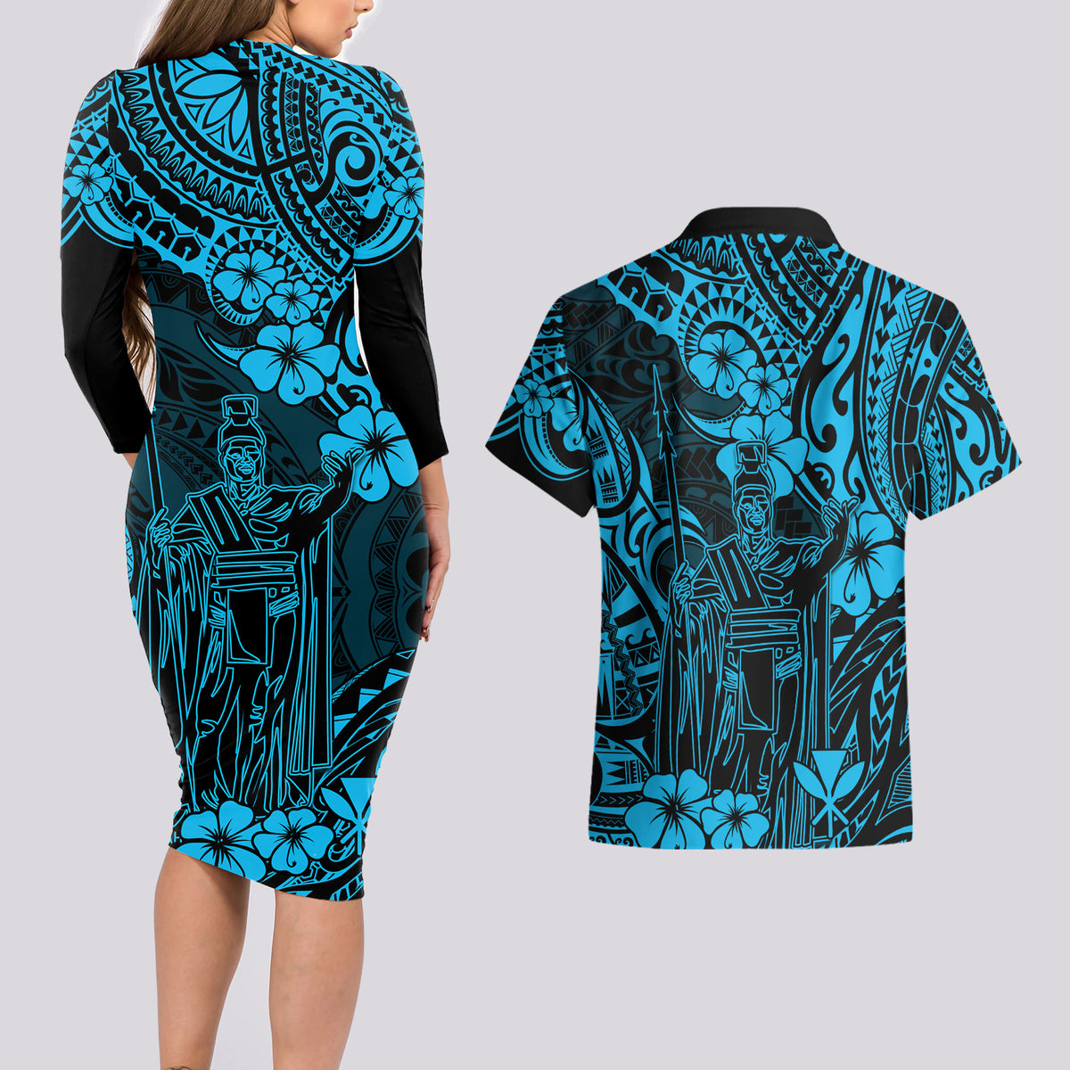 Hawaii King Kamehameha Couples Matching Long Sleeve Bodycon Dress and Hawaiian Shirt Polynesian Pattern Sky Blue Version - Wonder Print Shop