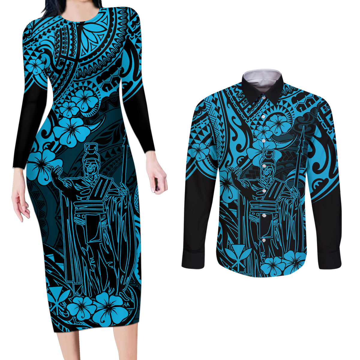 Hawaii King Kamehameha Couples Matching Long Sleeve Bodycon Dress and Long Sleeve Button Shirts Polynesian Pattern Sky Blue Version - Wonder Print Shop