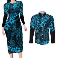 Hawaii King Kamehameha Couples Matching Long Sleeve Bodycon Dress and Long Sleeve Button Shirts Polynesian Pattern Sky Blue Version - Wonder Print Shop