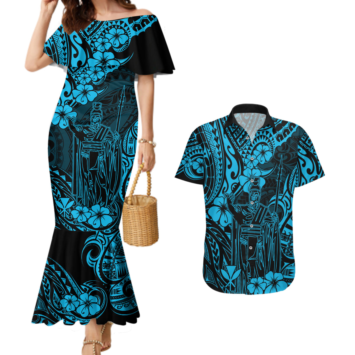 Hawaii King Kamehameha Couples Matching Mermaid Dress and Hawaiian Shirt Polynesian Pattern Sky Blue Version - Wonder Print Shop