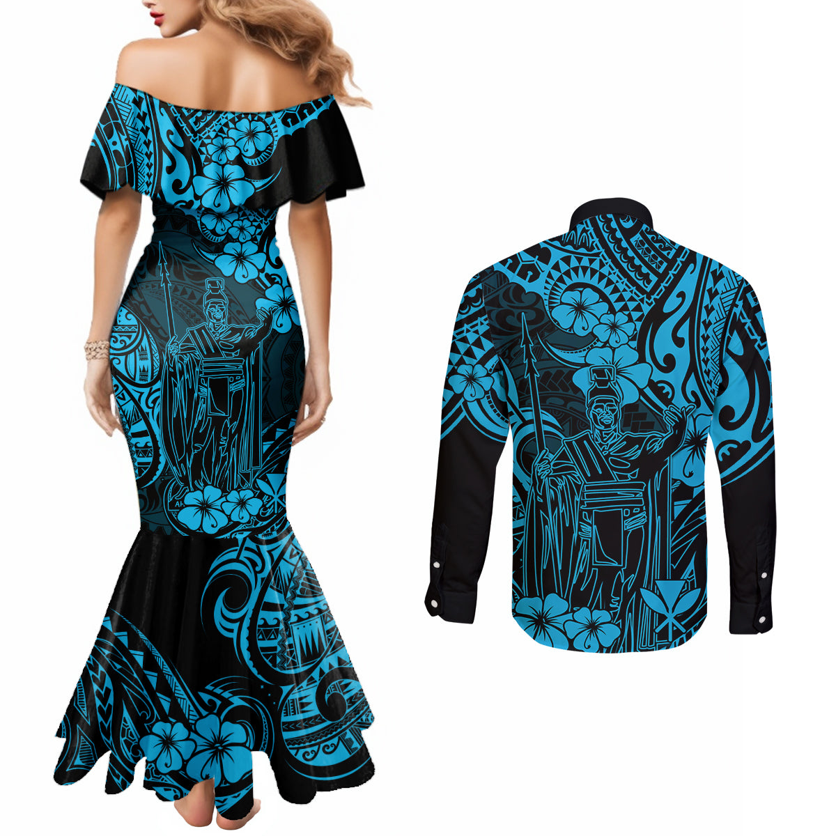 hawaii-king-kamehameha-couples-matching-mermaid-dress-and-long-sleeve-button-shirts-polynesian-pattern-sky-blue-version