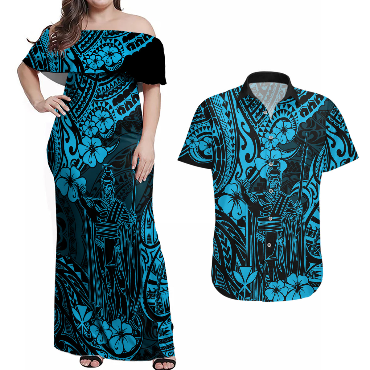 Hawaii King Kamehameha Couples Matching Off Shoulder Maxi Dress and Hawaiian Shirt Polynesian Pattern Sky Blue Version - Wonder Print Shop