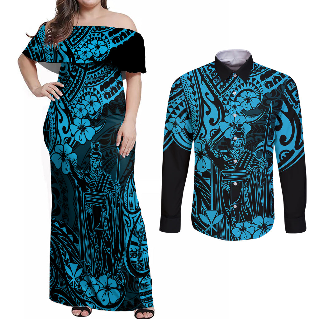 Hawaii King Kamehameha Couples Matching Off Shoulder Maxi Dress and Long Sleeve Button Shirts Polynesian Pattern Sky Blue Version - Wonder Print Shop