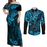 Hawaii King Kamehameha Couples Matching Off Shoulder Maxi Dress and Long Sleeve Button Shirts Polynesian Pattern Sky Blue Version - Wonder Print Shop