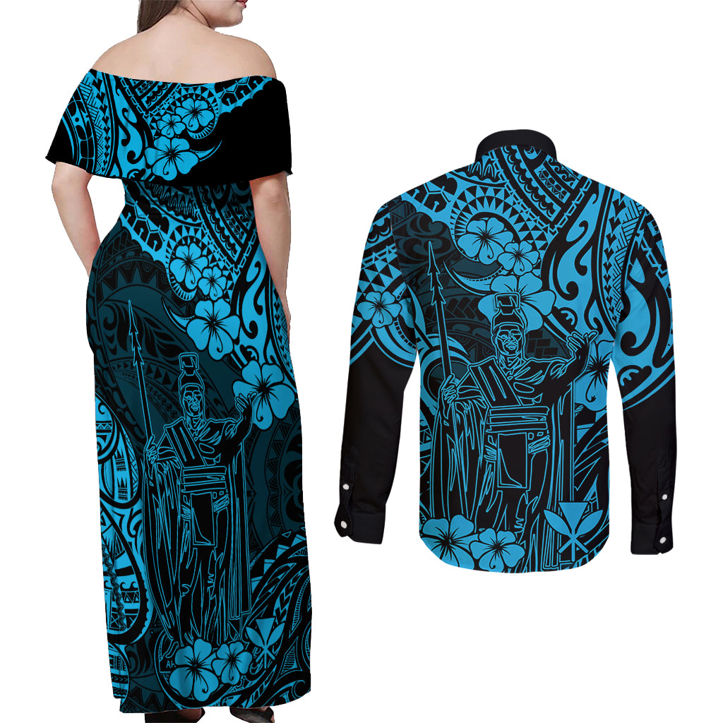 Hawaii King Kamehameha Couples Matching Off Shoulder Maxi Dress and Long Sleeve Button Shirts Polynesian Pattern Sky Blue Version - Wonder Print Shop