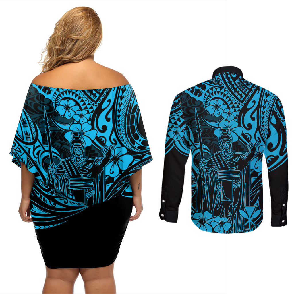 Hawaii King Kamehameha Couples Matching Off Shoulder Short Dress and Long Sleeve Button Shirts Polynesian Pattern Sky Blue Version - Wonder Print Shop