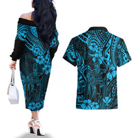 Hawaii King Kamehameha Couples Matching Off The Shoulder Long Sleeve Dress and Hawaiian Shirt Polynesian Pattern Sky Blue Version - Wonder Print Shop