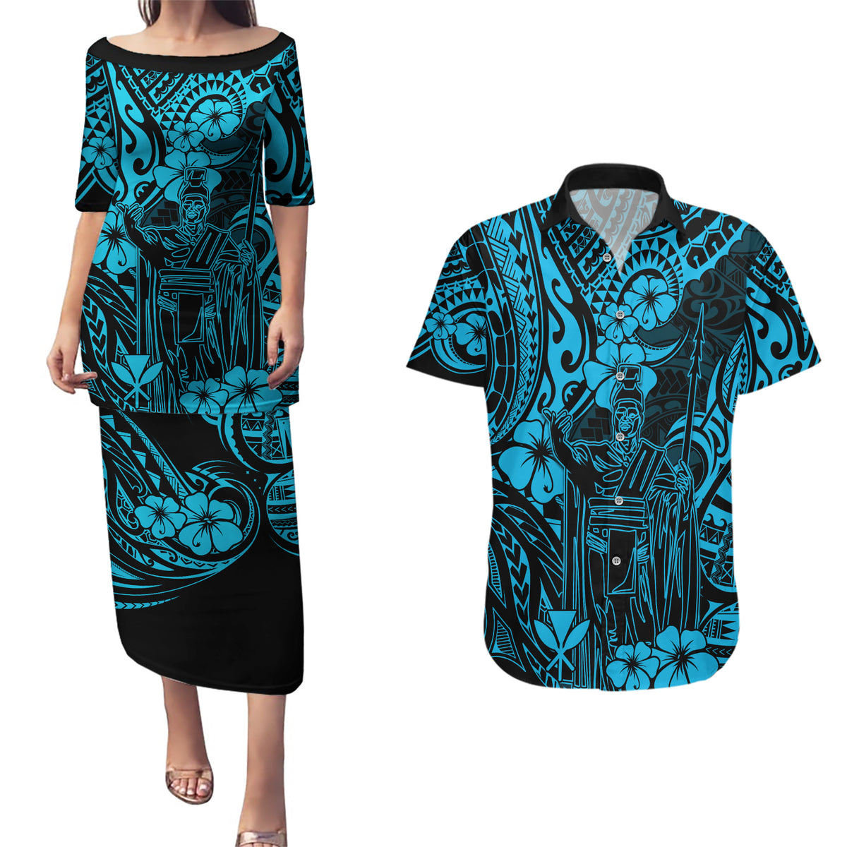 Hawaii King Kamehameha Couples Matching Puletasi Dress and Hawaiian Shirt Polynesian Pattern Sky Blue Version - Wonder Print Shop