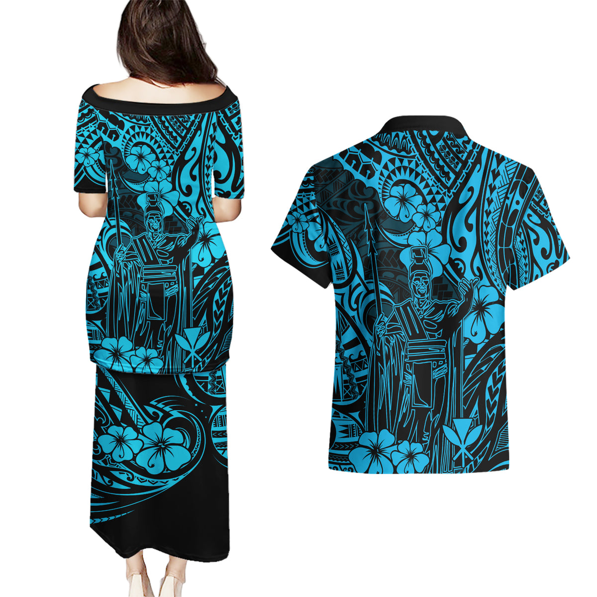Hawaii King Kamehameha Couples Matching Puletasi Dress and Hawaiian Shirt Polynesian Pattern Sky Blue Version - Wonder Print Shop