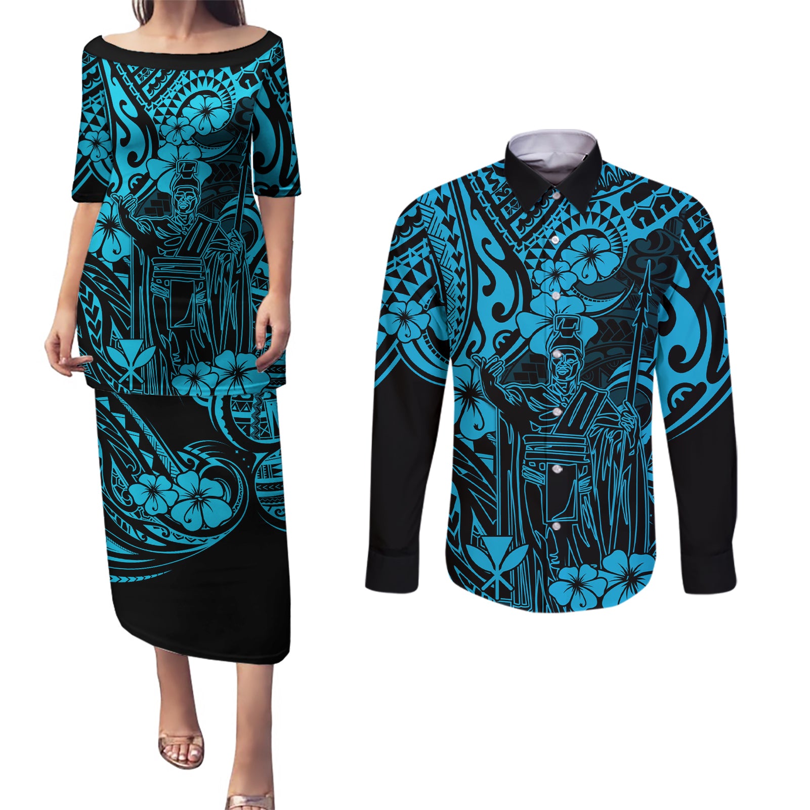 Hawaii King Kamehameha Couples Matching Puletasi Dress and Long Sleeve Button Shirts Polynesian Pattern Sky Blue Version - Wonder Print Shop