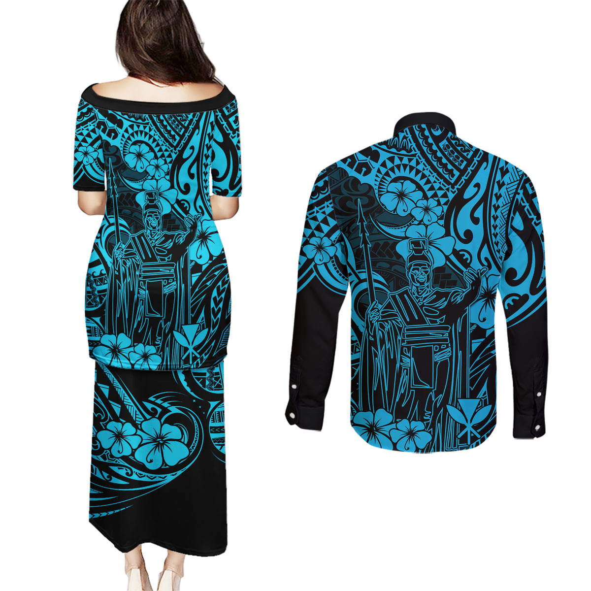 Hawaii King Kamehameha Couples Matching Puletasi Dress and Long Sleeve Button Shirts Polynesian Pattern Sky Blue Version - Wonder Print Shop