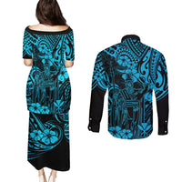 Hawaii King Kamehameha Couples Matching Puletasi Dress and Long Sleeve Button Shirts Polynesian Pattern Sky Blue Version - Wonder Print Shop