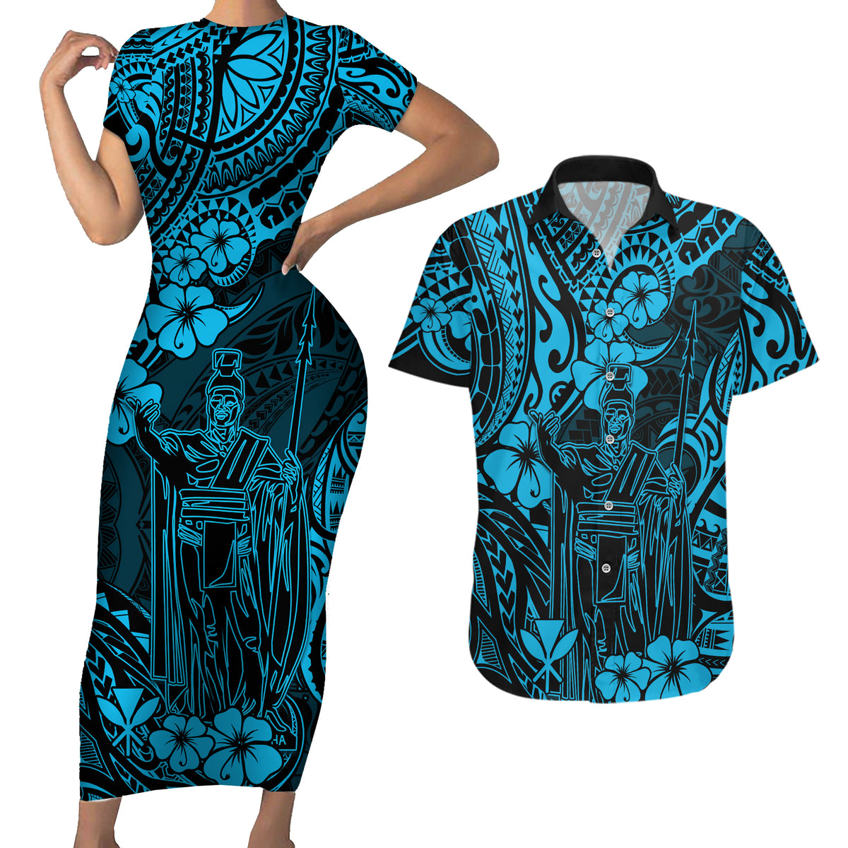 Hawaii King Kamehameha Couples Matching Short Sleeve Bodycon Dress and Hawaiian Shirt Polynesian Pattern Sky Blue Version - Wonder Print Shop