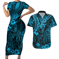 Hawaii King Kamehameha Couples Matching Short Sleeve Bodycon Dress and Hawaiian Shirt Polynesian Pattern Sky Blue Version - Wonder Print Shop