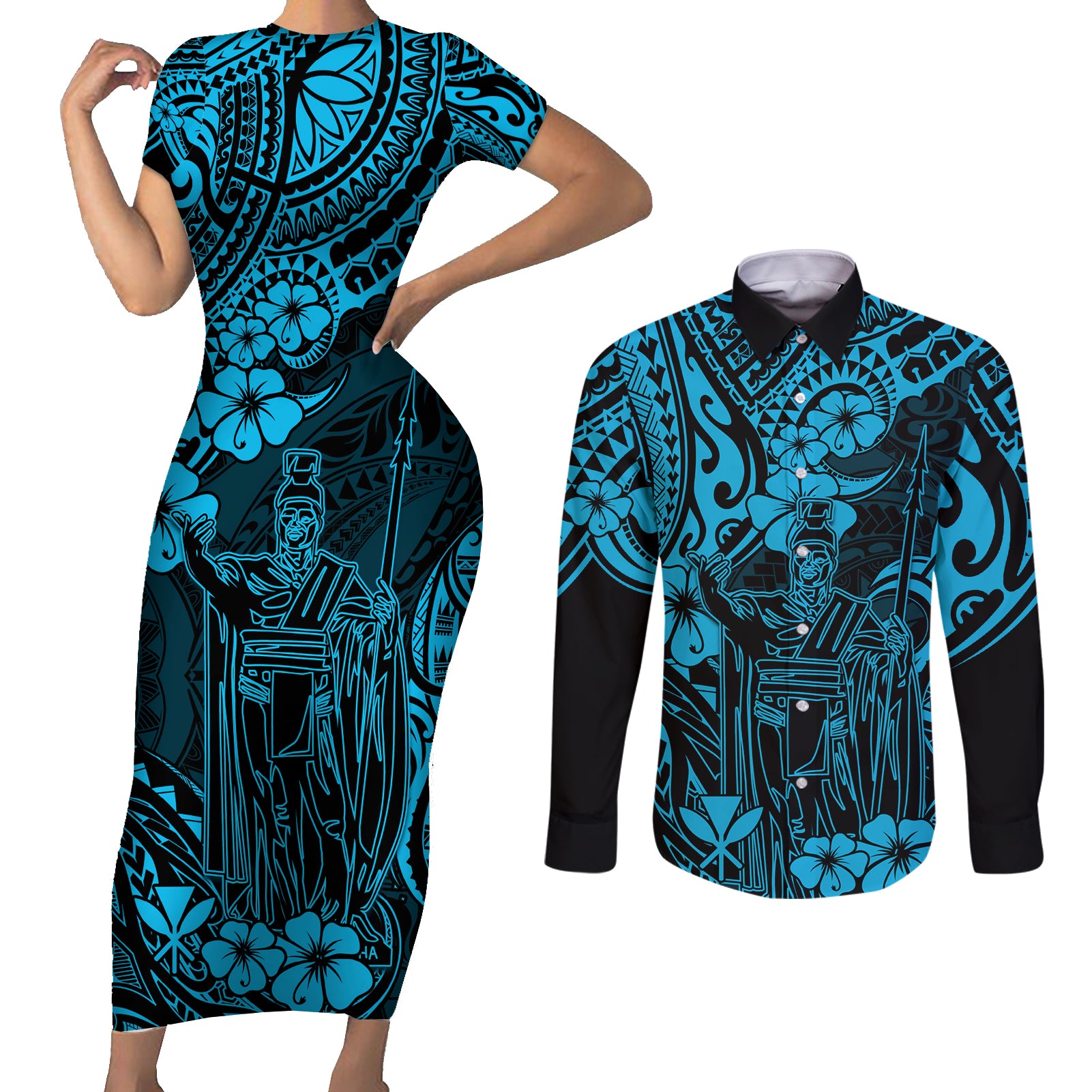 Hawaii King Kamehameha Couples Matching Short Sleeve Bodycon Dress and Long Sleeve Button Shirts Polynesian Pattern Sky Blue Version - Wonder Print Shop