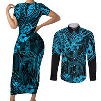 Hawaii King Kamehameha Couples Matching Short Sleeve Bodycon Dress and Long Sleeve Button Shirts Polynesian Pattern Sky Blue Version - Wonder Print Shop