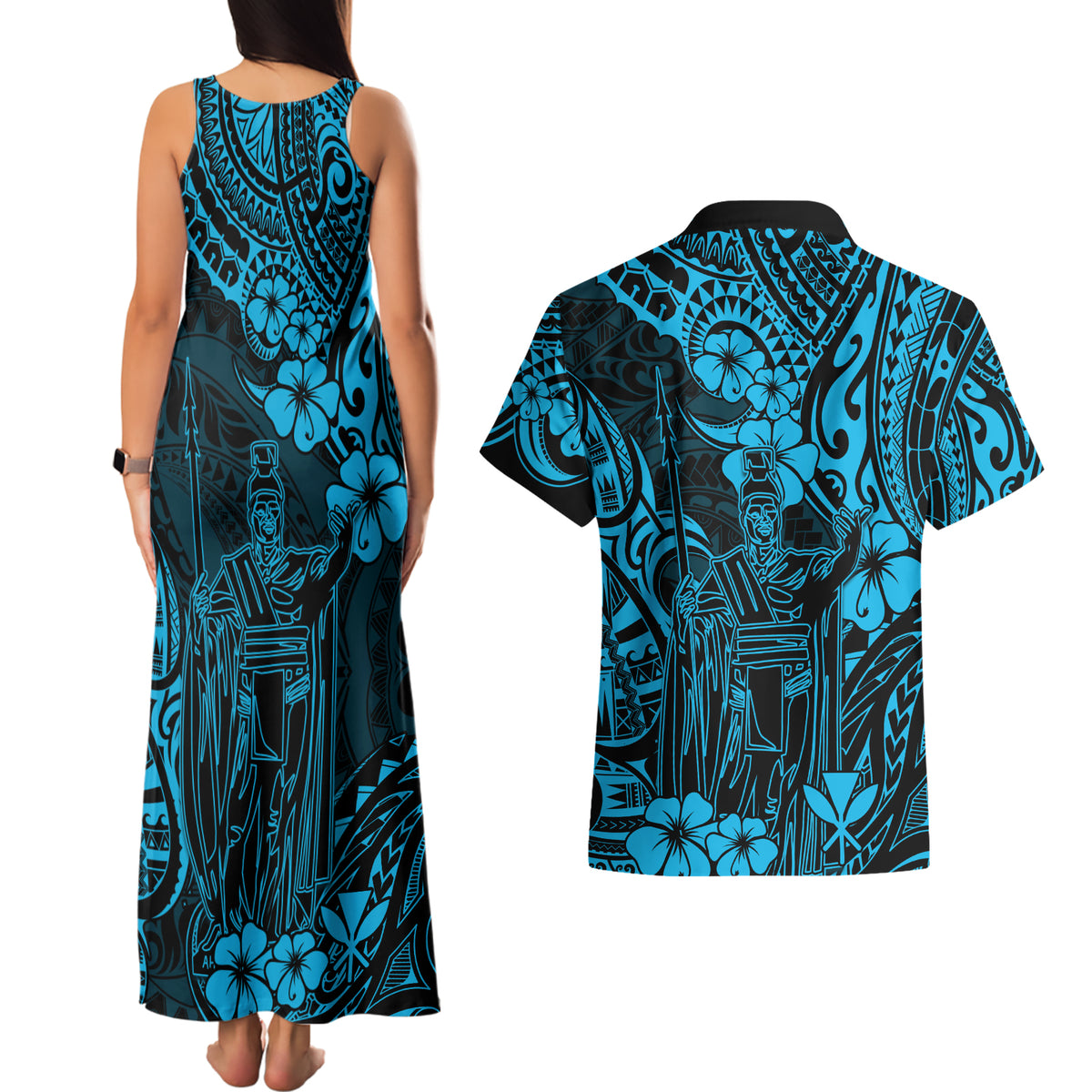 Hawaii King Kamehameha Couples Matching Tank Maxi Dress and Hawaiian Shirt Polynesian Pattern Sky Blue Version - Wonder Print Shop