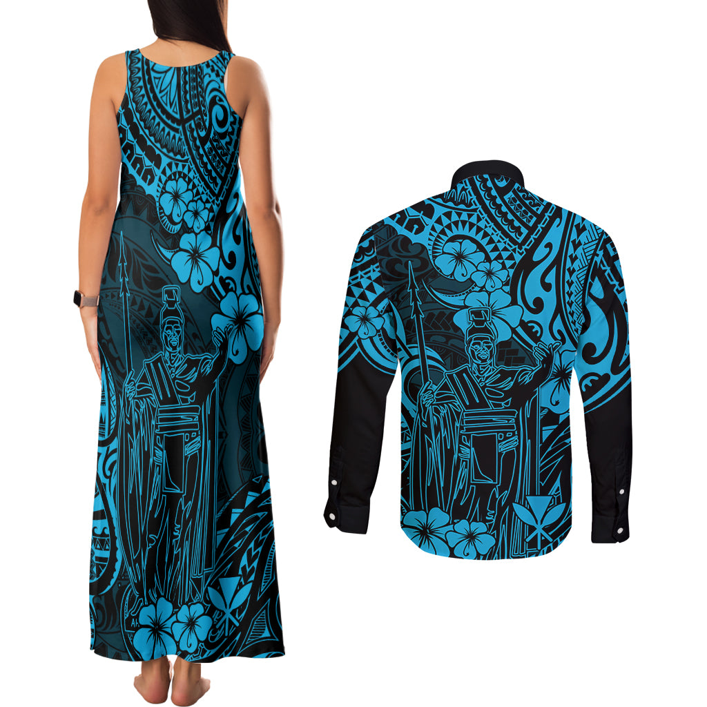 Hawaii King Kamehameha Couples Matching Tank Maxi Dress and Long Sleeve Button Shirts Polynesian Pattern Sky Blue Version - Wonder Print Shop