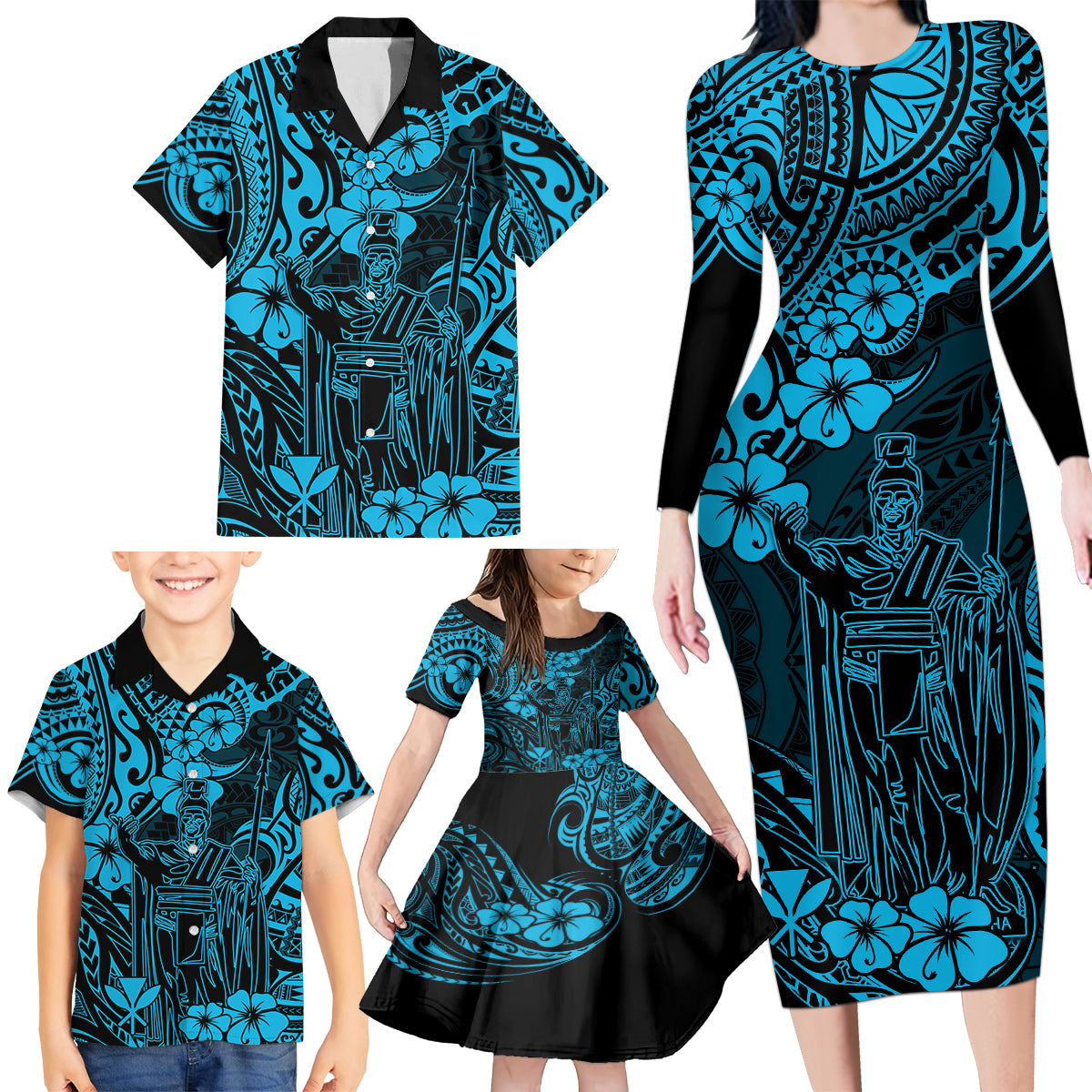 Hawaii King Kamehameha Family Matching Long Sleeve Bodycon Dress and Hawaiian Shirt Polynesian Pattern Sky Blue Version - Wonder Print Shop