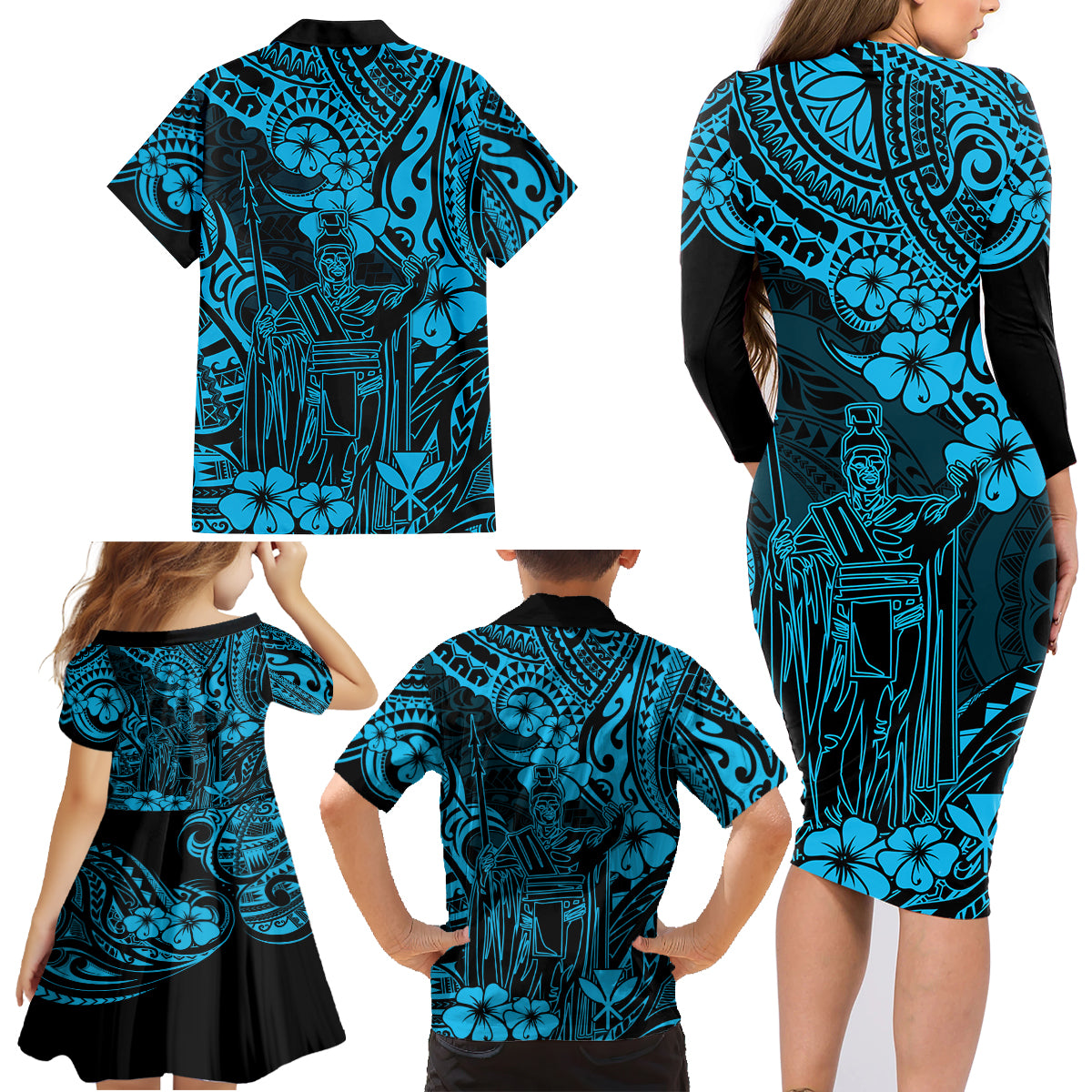 Hawaii King Kamehameha Family Matching Long Sleeve Bodycon Dress and Hawaiian Shirt Polynesian Pattern Sky Blue Version - Wonder Print Shop