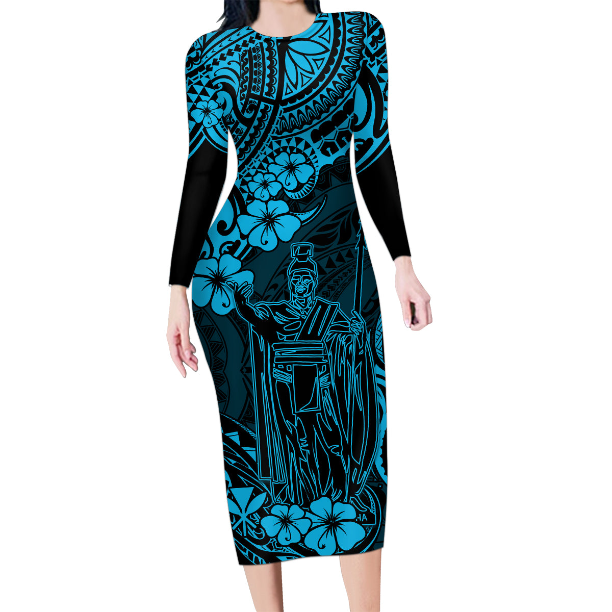 Hawaii King Kamehameha Family Matching Long Sleeve Bodycon Dress and Hawaiian Shirt Polynesian Pattern Sky Blue Version - Wonder Print Shop